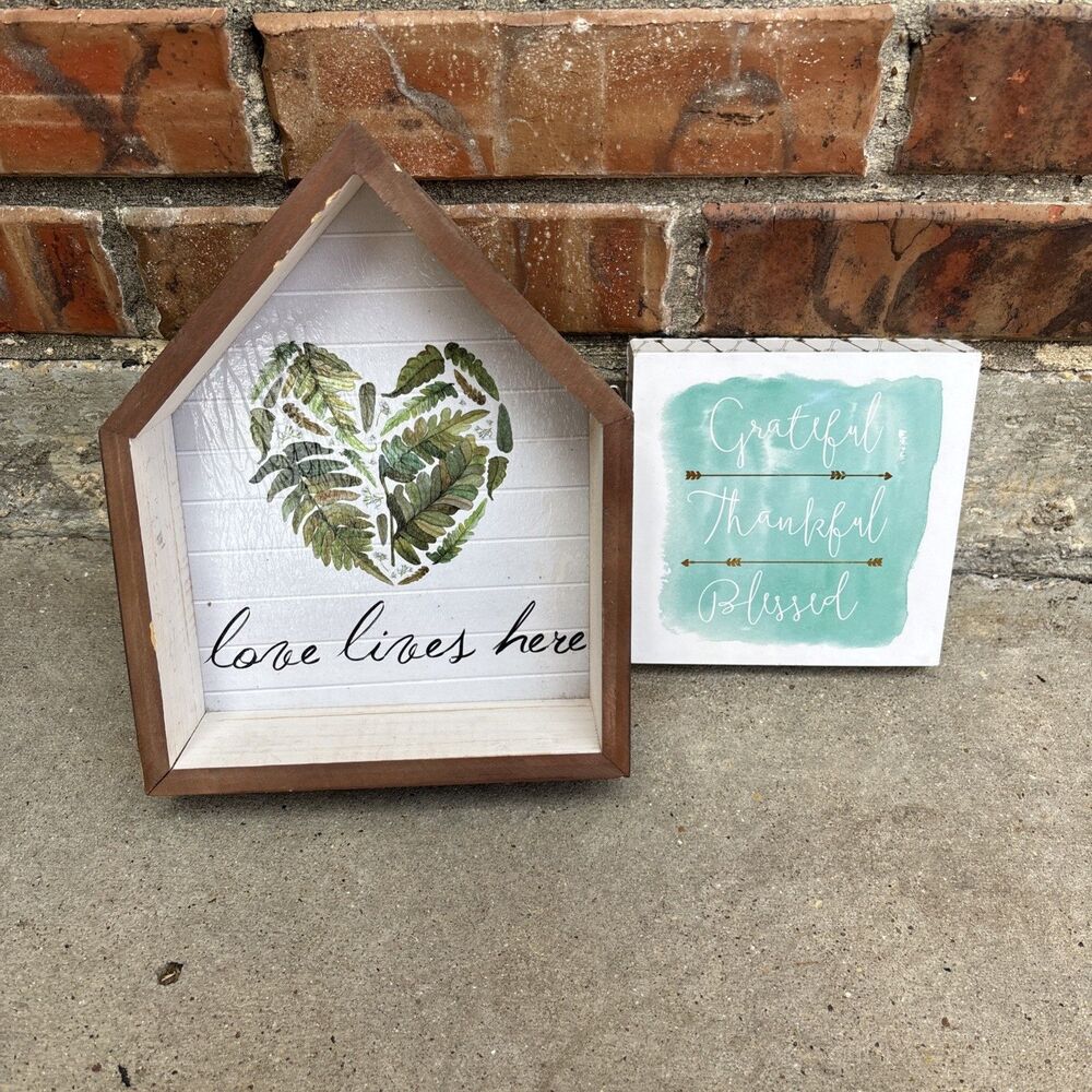 Rustic Decor Set “Love Lives Here” Frame + “Grateful Thankful Blessed” Sign